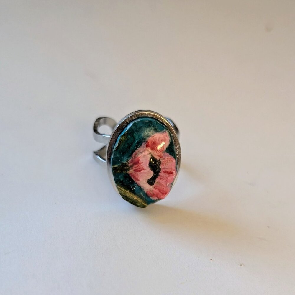 Hand made clay and resin ring. Pink flower, unique. Jewelry art.